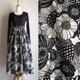 丈84㎝ 黒×生成り コットンリネン ロングギャザースカート 北欧 花柄 アートフラワー 送料無料の画像