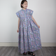 蒸し暑い時期にサラサラしたインド綿 ブロックプリントピンタックギャザーワンピース　ブルー 0738BL