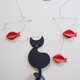猫とさかなのモビール（黒×赤）の画像